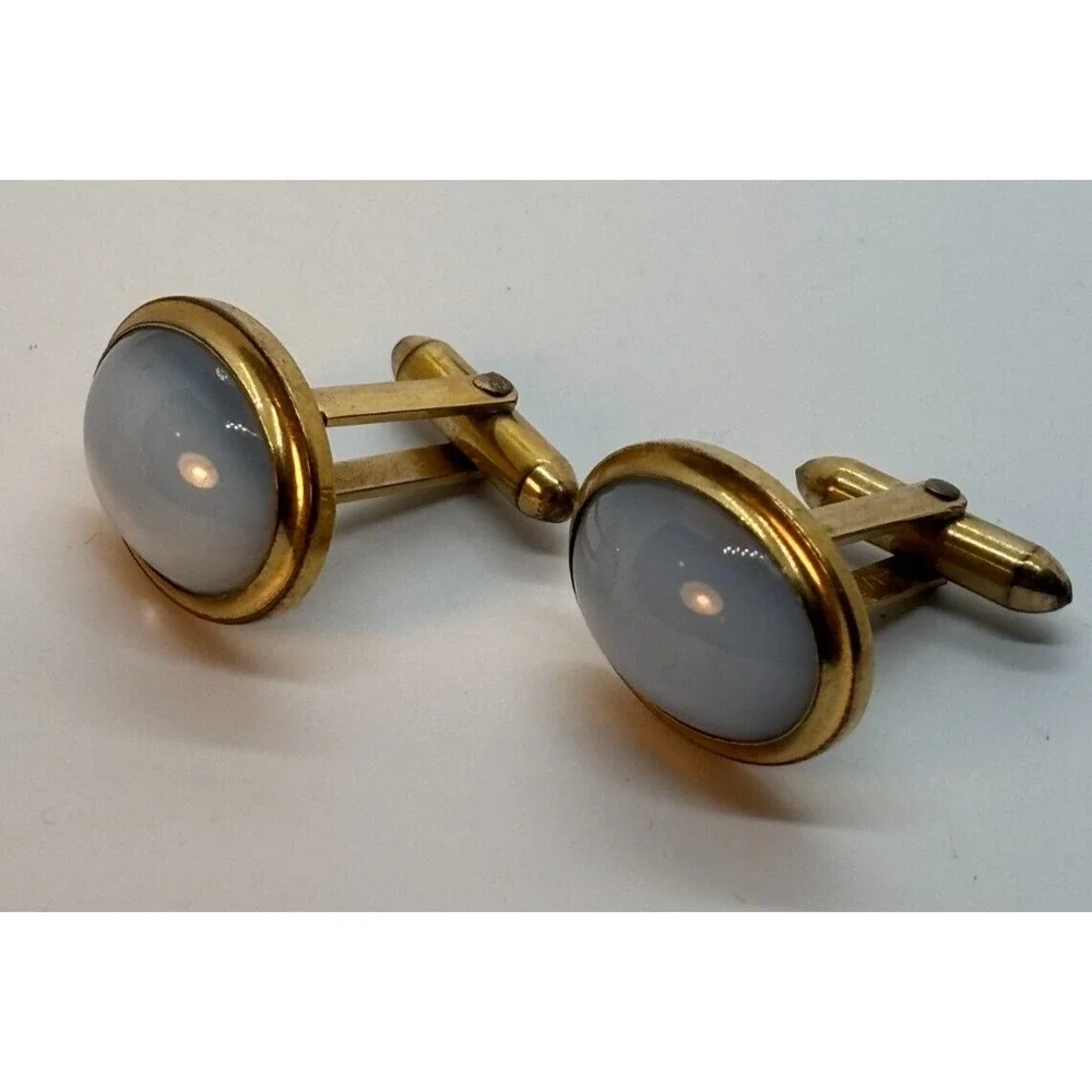 Vintage Blue Glass Cuff Links Gold Tone Pale Blue Signed Correct Quality Wedding